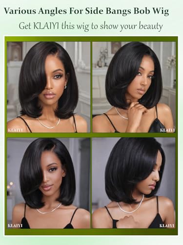 Image of KLAIYI Layered Bob Straight Bye Bye Knots Precut 7x5 Lace Front Wigs Human Hair Side Part Bang Blunt Cut Drawstring Glueless Wear and Go Wig Pre Plucked Bleached 30S Ready to Put On Go Wig 150% 12Inch