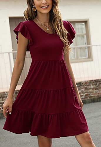 Lyrur Dresses For Women Casual Summer Cute Ruffle Sleeve Knee Length Swing Tiered Babydoll Midi Sundress(M,9173-Burgundy) #TOP5