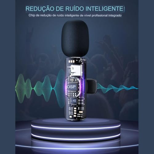 Microfone de Lapela Sem Fio 2 Peças para iPhone e iPad 1 Transmissor Suporta 2 Microfones Redução de
