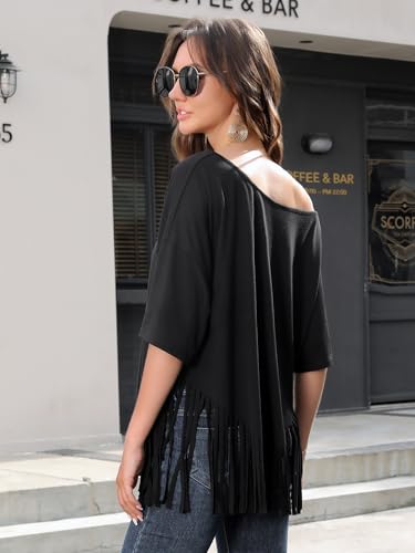 MYMORE Women's Off The Shoulder Fringe Tops Oversized T-Shirt Short Sleeve Western Cowgirl Cowboy Top Country Concert Outfit4