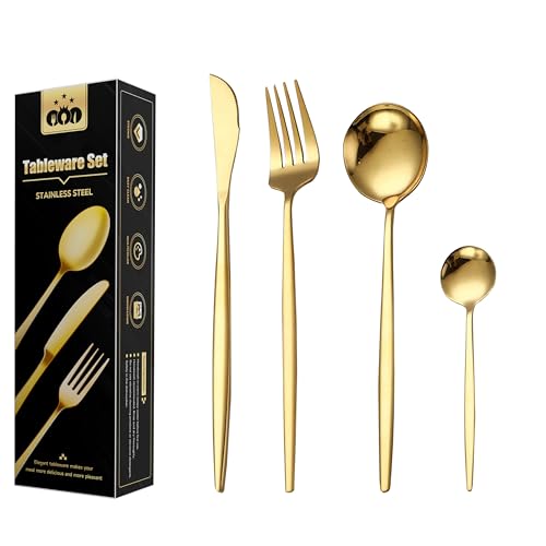 Wivico Goldenes Besteck Set 6 Personen,24-Teilig Besteck Gold Bestecksets inkl. Messer,Gabel,Löffel,Cutlery Set,Geschirr Set Edelstahl...