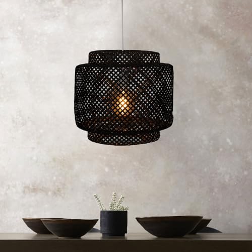 WELL HOME MOBILIARIO & DECORACIÓN Lámpara de Techo Colgante de Bambú, Diseño 38 x 40 cm, Casquillo E27, Cable 80 cm - Ideal para Salón y Dormitorio, color negro (bombilla no incluída) - imagen 6