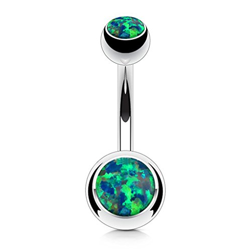 FIFTH CUE Opal Set Double Jeweled 316L Surgical Steel Naval Belly Button Ring (Opal Green)