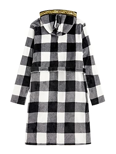 Romwe Men's Hooded Fleece Robe Greek Tape Panel Belted Bathrobe Spa Sleepwear Black Plaid Xl #TOP1