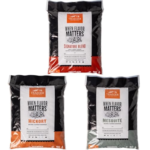 Traeger Wood Pellet Grill Fuel Bundle - Signature Blend, Hickory, and Mesquite 100% All-Natural 18 lb Bags