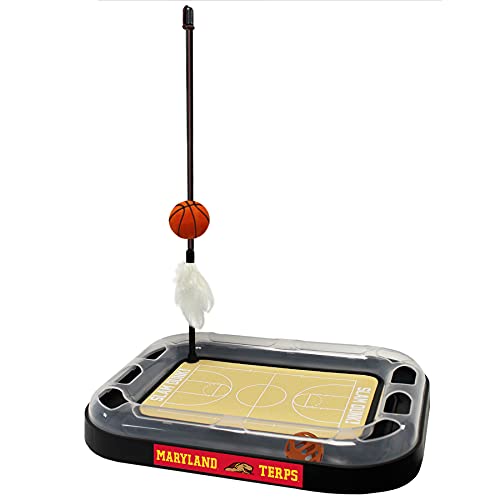 Cat Scratch Toy NCAA Maryland Terrapins Reversible Basketball Court Felt/Cardboard Cat Scratcher Toy. Interactive Cat Ball Bell in Tracks. 6-in-1 CAT Toy: Cat Wand Poll Catnip-Filled Plush Basketball