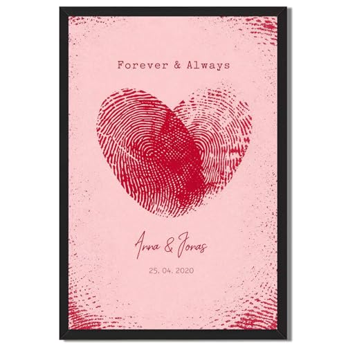 Romantic Heart Fingerprint Art Print Poster, Forever and Always Minimalist Canvas Wall Decor for Bedroom or Living Room, Personalized Love Gift Artwork (Black Framed,12”LX16 W)