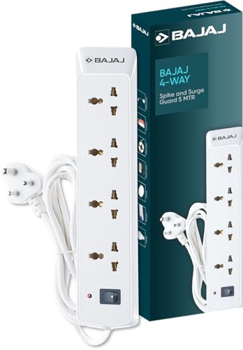 Bajaj 4 Way Spike and Surge Guard | 5 Meter Long Cable | 3-Pin Universal Sockets | Fire Retardant Cable | 6 Months - Warranty (Pack of 1, White)