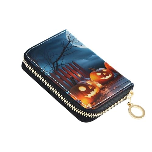 Small RFID Credit Card Holder Wallet with Zipper, Leather Wallet Case for Women Halloween Night