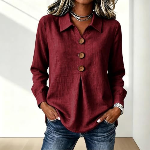 Women Collared Blouse Half Placket Long Sleeve Loose Casual Shirt - 1