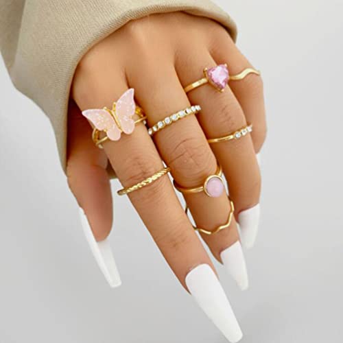 Creative Crystal Love Ring Acrylic Butterfly Ring Set Diamond Ring 8 Piece Set #TOP27