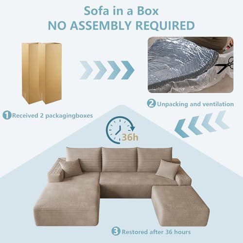 Image of 95 inch Cloud Sectional Couch with Ottoman,Modern U-Shaped Cloud Couch with Deep Seat,Comfy Corduroy Sofa,Memory Foam Sofa for Living Room,No Assembly (Camel,Left-Facing Chaise)