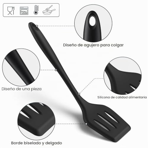 Miniatura 3 de Juego De Utensilios De Cocina De Silicona, 8 Piezas: Espátula, Volteador, Cuchara Para Servir, Cucharón Para Sopa, Cuchara Ranurada, Servidor De Pasta, Espumadera Y Espátula Para Pescado Negro