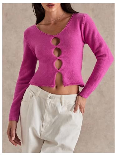 OYOANGLE Women's Cut Out Cropped Sweater Long Sleeve Crew Neck Split Hem Lightweight Pullover Tops3