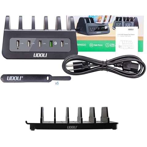 UDOLI 5 USB Ports Charging Station Organizer for Multiple Devices with 1600W 2 AC Power Outlets Charger Dock, Adjustable Universal Multi Device Organizer Dock Stand Holder- No Charging Port Cover