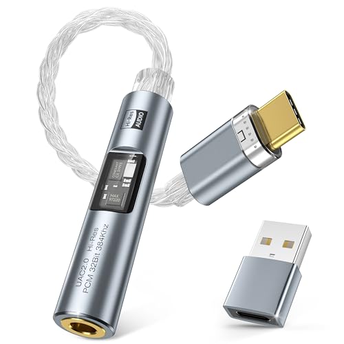 USB C to 3.5mm Audio Adapter with Dual Chip CX31993 MAX97220 DAC & HiFi Amplifier 8-Strand 4N Single Crystal Silver-Plated Copper Cable USBC to Headphones Aux Dongle for Android iPhone 17/16 PC Mac