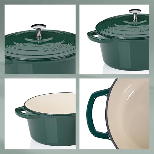 kela Bräter Gusseisen rund 3,8 Liter, Dutch Oven CALIDO, Induktion Gussbräter mit Deckel, Gusseisen Topf Brot backen, emailliert, grün