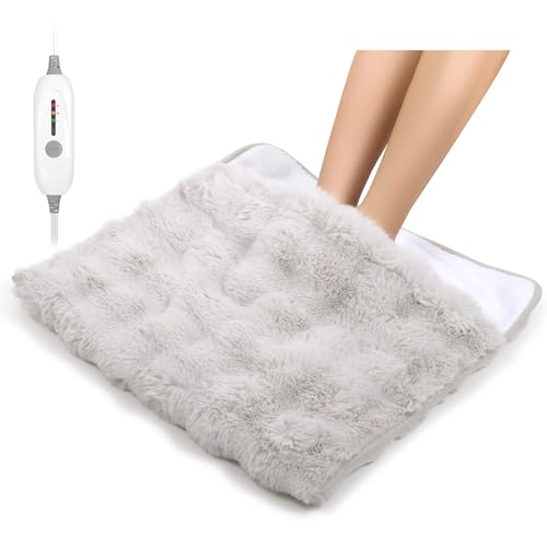 Electric Foot Warmer, Luxury Faux Fur Heating Pad for Feet Pain Relief Cramp, Heated Foot Warmer for Under Desk & Bed with 3 Heat Settings & 2H Auto-Off, ETL Certified, 20x22 Inch, Light Grey