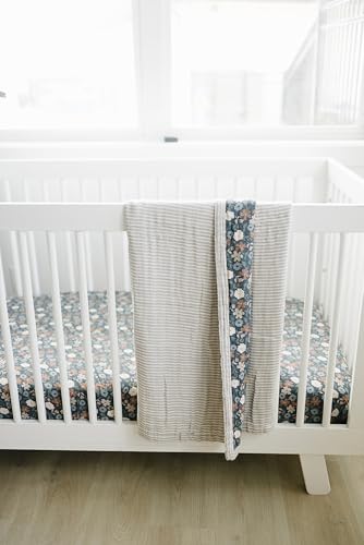 Image of Midnight Floral Muslin Crib Sheet by Mebie Baby, Soft and Breathable Bed Sheets for Babies, Modern Neutral Bedding for Cribs, Standard Crib Mattress Fitted Sheet, Great for Boy or Girl Room or Nursery
