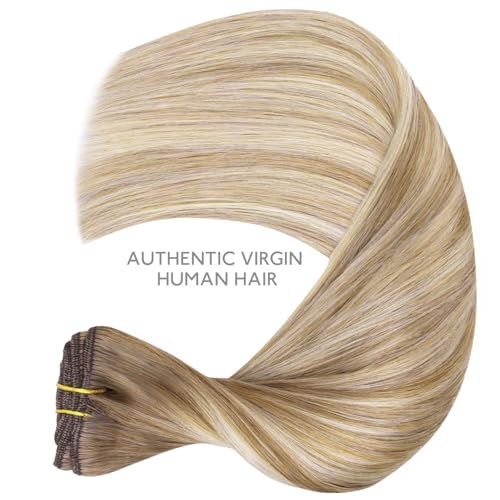 Image of WENNALIFE Clip in Hair Extensions Real Human Hair, 14 Inch 120g 7pcs Balayage Dirty Blonde with Platinum Ends Remy Hair Natural Double Weft