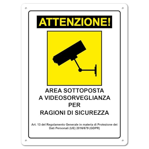 AGRICOM Cartello Area Videosorvegliata 20x30 cm | Polipropilene con Biadesivo Forte e Fori | Resistente Sole, Pioggia - Cartello Videosorveglianza Esterno Interno | Conforme GDPR UE