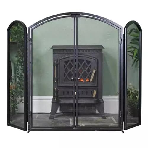 HAVVMK Parascintille per Camino a 3 Pannelli con Doppie Ante, 123×80 cm, griglia parascintille in Ferro battuto per Arredamento Soggiorno - Nero