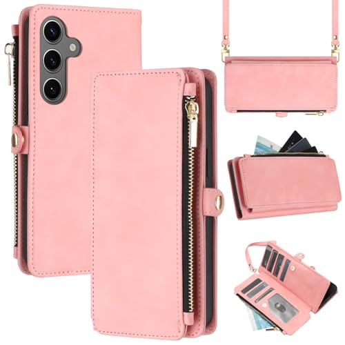 Suitable for Samsung Galaxy S24 Wallet Case, Multifunctional Flip Wallet for Women Men with RFID Blocking Card Holder, Pu Leather Magnetic Snap Zipper Wallet Case for Galaxy S24 (Pink) by GEOFF - Used condition - US$11.76