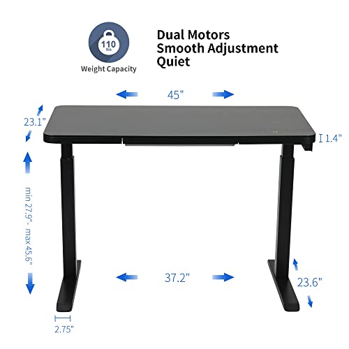 Farray Glass Standing Desk With Wireless Charging, 45 X 23 Inch Dual Motor Electric Height Adjustable Desk With Drawer, Touch Control Panel, Power Strip & Usb Ports, Black Sit Stand Desk #TOP2