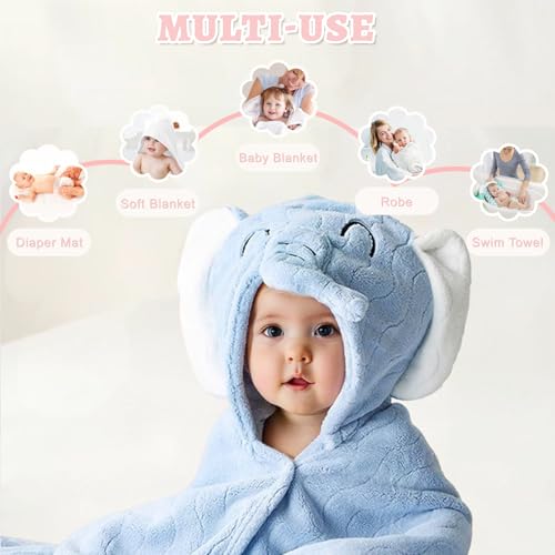 Image of Cute Animal Hooded Baby Towel Soft Coral Fleece Baby Towels with Hood Toddler Bath Towel Large 27 x 55 Inch Ultra Absorbent Hooded Bath Towels for Babies Baby Bath Towel（Blue