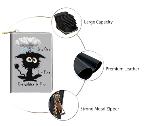 Credit Card Holder Wallets for Women, RFID Blocking Small Leather Card Case Wallet with Zipper Accordion Wallets, Funny Cat - It's Fine I'm Fine Everything is Fine3