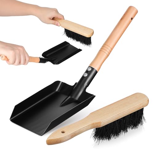 Kichvoe Set di Pala e Spazzola per Pulizia Stufa Manico in Legno Antiscivolo, Bordi Affilati e Setole Morbide, per Caminetti e Piccoli Spazi