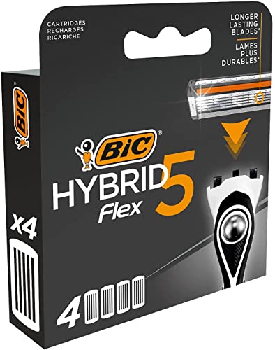 BIC Hybrid 5 Flex - Recambios de maquinilla de afeitar para hombre con 5 cuchillas móviles de titanio Nano-Tech - Caja de 4 cartuchos