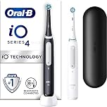 Oral-B iO4 2x Electric Toothbrushes For Adults, 2 Toothbrush Heads & 1 Travel Case, 4 Modes With Teeth Whitening, UK 2 Pin Plug, Black and White