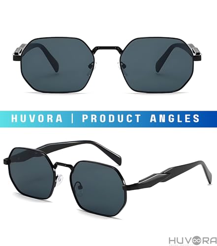 Image of HUVORA Retro Hexagonal Designer UV Protected Unisex Oval Sunglasses for Men Women | Stylish UV400 Protection Metal Frame Branded Geometric Goggles for Driving Fashion Party Sqaure Shades