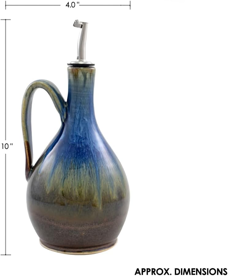Modern Artisans American Made Artisan Stoneware Pottery Wide Body Oil Cruet Bottle with Handle in Earthy Blue, 26 Oz