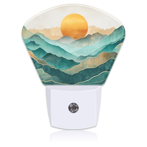 Image of Abstract Golden Sun Plug in Night Lights, Green Mountains Nightlight Plug Into Wall Dusk to Dawn Sensor for Kid Girls Boys Women Men Room, Hallway, Kitchen, Bathroom, Stairs Decor