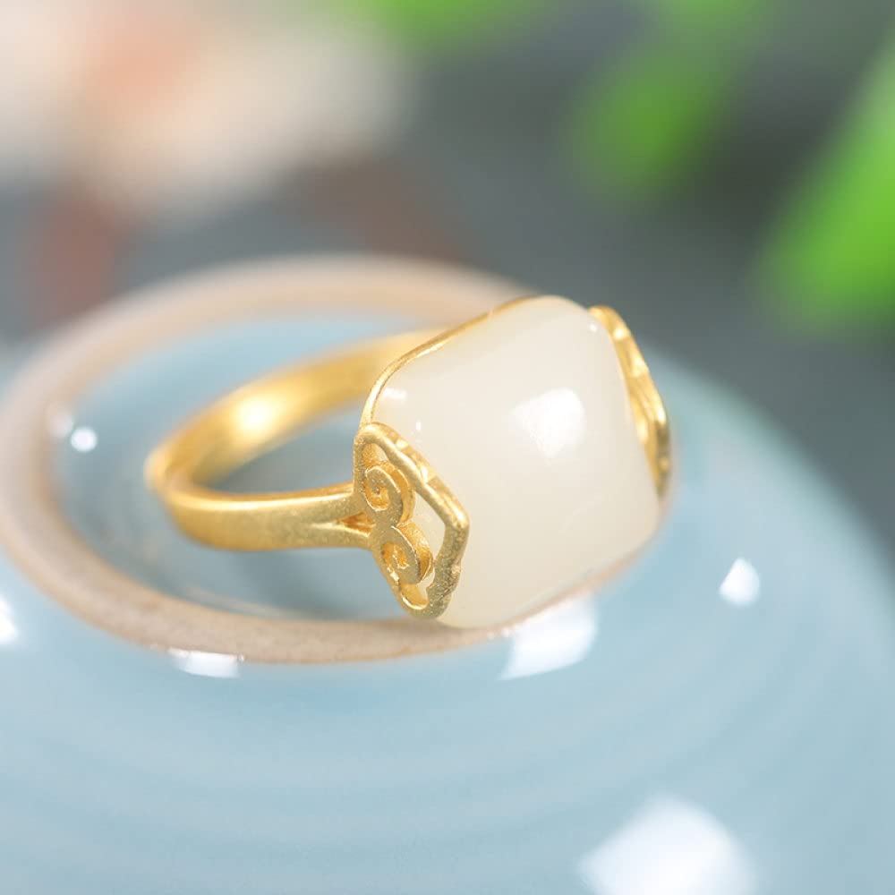 Anelli d'Argento,Anello Regolabile in Argento Sterling S925 Quadrato con Giada di Hetian Anello di Buon Auspicio Intaglio in Pietra Naturale FEDI Nuziali in Pietra Naturale Placcate in Oro Prometton