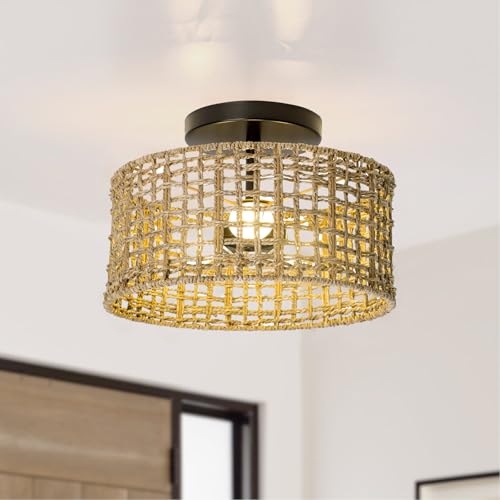 Bohemian Rattan Semi-Flush Ceiling Light, 12-inch 3-Light Handwoven Pendant with