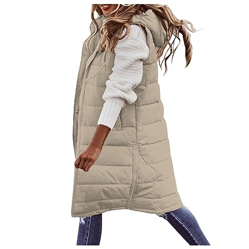 Long Puffer Vest for Women Sleeveless Quilted Jacket Hooded Vests Padded Button Outerwear Winter Coat with Pockets