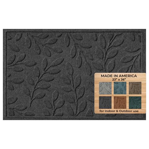 WaterHog Welcome Mat for Indoor/Outdoor, 2’ x 3’, Made in USA, Durable & Water-Resistant, Dirt Trapping Mat, Decorative Front Door and Entryway Rug, Brittney Leaf Design, Charcoal