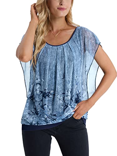 BAISHENGGT Women's Flouncing Flared Short Sleeve Mesh Blouse Top Large Blue Floral