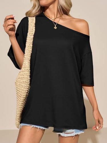 Tankaneo Womens Oversized Off The Shoulder T Shirt Cotton Short Sleeve Casual Tunic Tops Summer Loose Fit Flowy Tees2