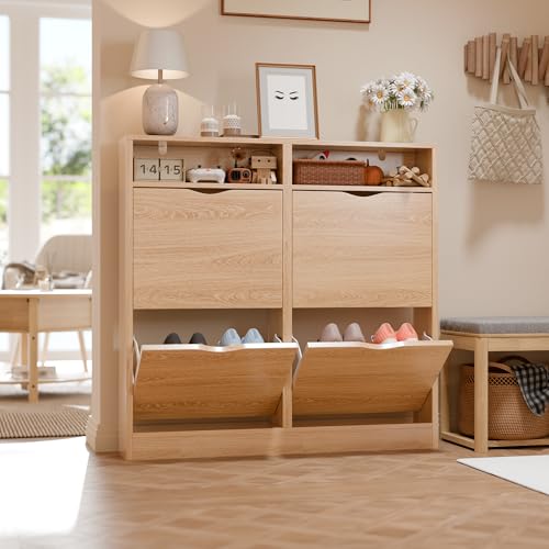 ELUCHANG Schuhschrank schmal mit 4 Klappen Platzsparender, Schuhkipper Schuhkommode, Geschlossen Schuhregal mit 4 Ablagen, Shoe Cabinet Flurschrank für Diele/Flur/Garderobe
