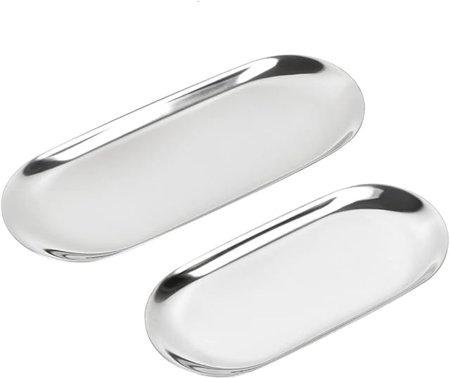 2PCS Silver Oval Tray,Serving Tray,Oval Vanity Tray, Stainless Steel Jewelry Tray, Trinket Tray, Cosmetics Jewelry Organizer Tray,Storage Towel Tray,Ornaments Plate for Home,Kitchen,Ourdoor (23+18CM)