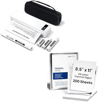 TATTMUSE Portable Thermal Printer Set with Carry Case & 200 Sheets 8.5" x 11" US Letter Thermal Paper