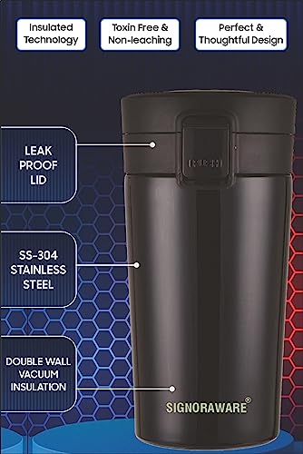 Image of Signoraware Hot Pour Coffeemate Insulated Mug, Vacuum Insulated Travel Coffee Mug with Lid, 8 Hours Hot and 14 Hours Cold, 300 ml, Set of 1, Black