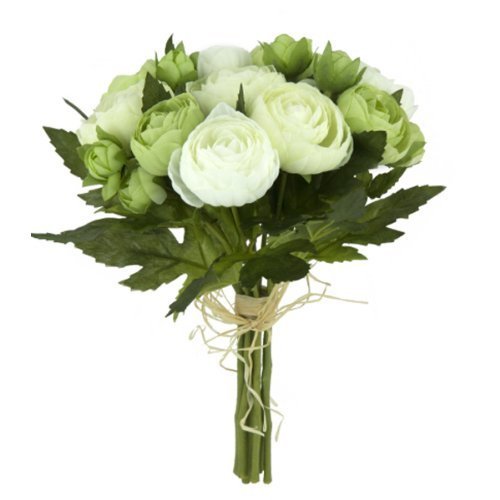 Floristrywarehouse White Artificial Silk Flowers Ranunculus Posy Bunch Green 10 Stems 23Cm (9Inch)