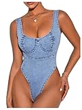 Milumia Women's Scoop Neck Denim Bodysuit Zipper Backless Y2K Going Out Tank Tops Blue Medium