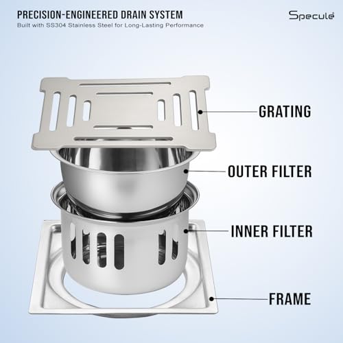 Image of Silver Exclusive Jade Floor Drainer | 304-Grade Stainless Steel | 5x5 inch Anti-Rust & Anti-Crack Floor Drain with Brushed Finish | Stain Resistant Silver Bathroom /Kitchen Drain Cover