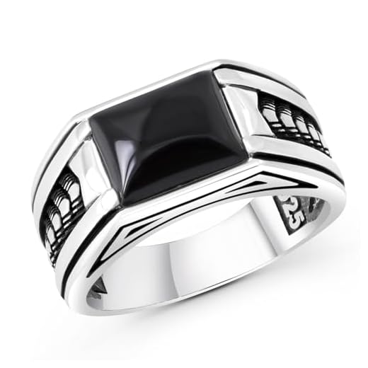 Chimoda 925 Sterling Silver Rings for Men with Black Onyx Stone and Arrow Pattern, Handmade Jewelry for Men (Onyx,6)